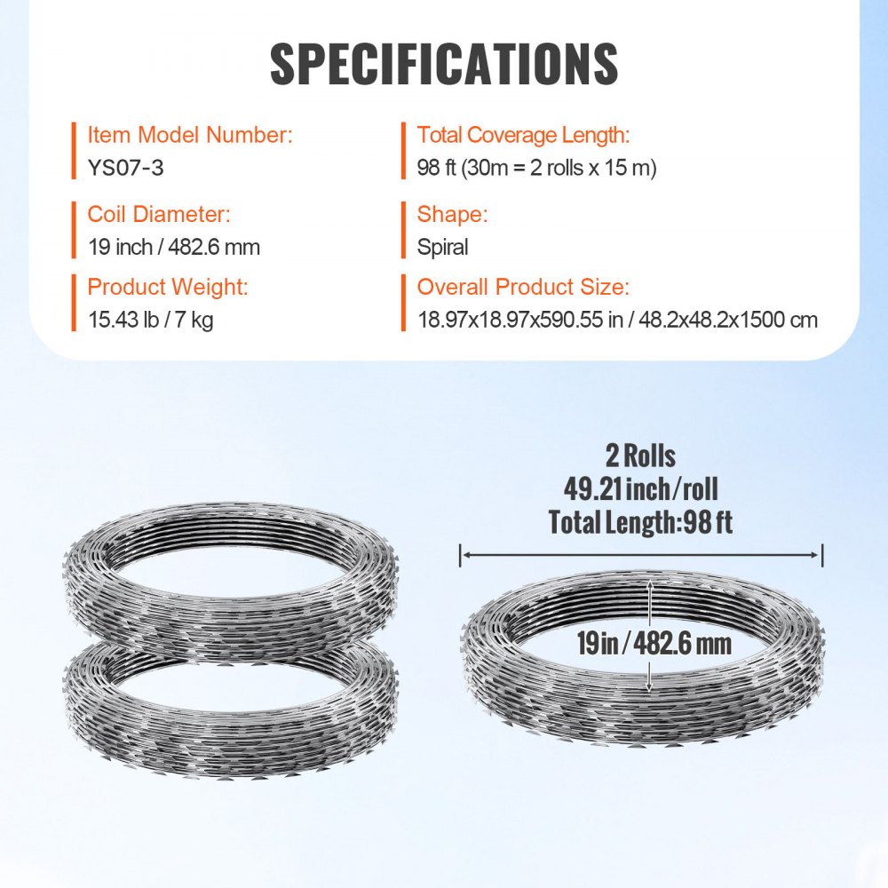 VEVOR Razor Wires, 98 ft Razor Barbed Wire, 2 Rolls Razor Wire Fencing Razor Fence, Razor Ribbon Barbed Wire Galvanized Razor Wire Fence, Rolls Razor for Garden
