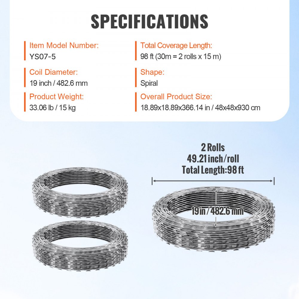 VEVOR Razor Wires, 98 ft Razor Barbed Wire, 2 Rolls Razor Wire Fencing Razor Fence, Double Spiral Razor Ribbon Barbed Wire Galvanized Razor Wire Fence, Rolls Razor for Garden