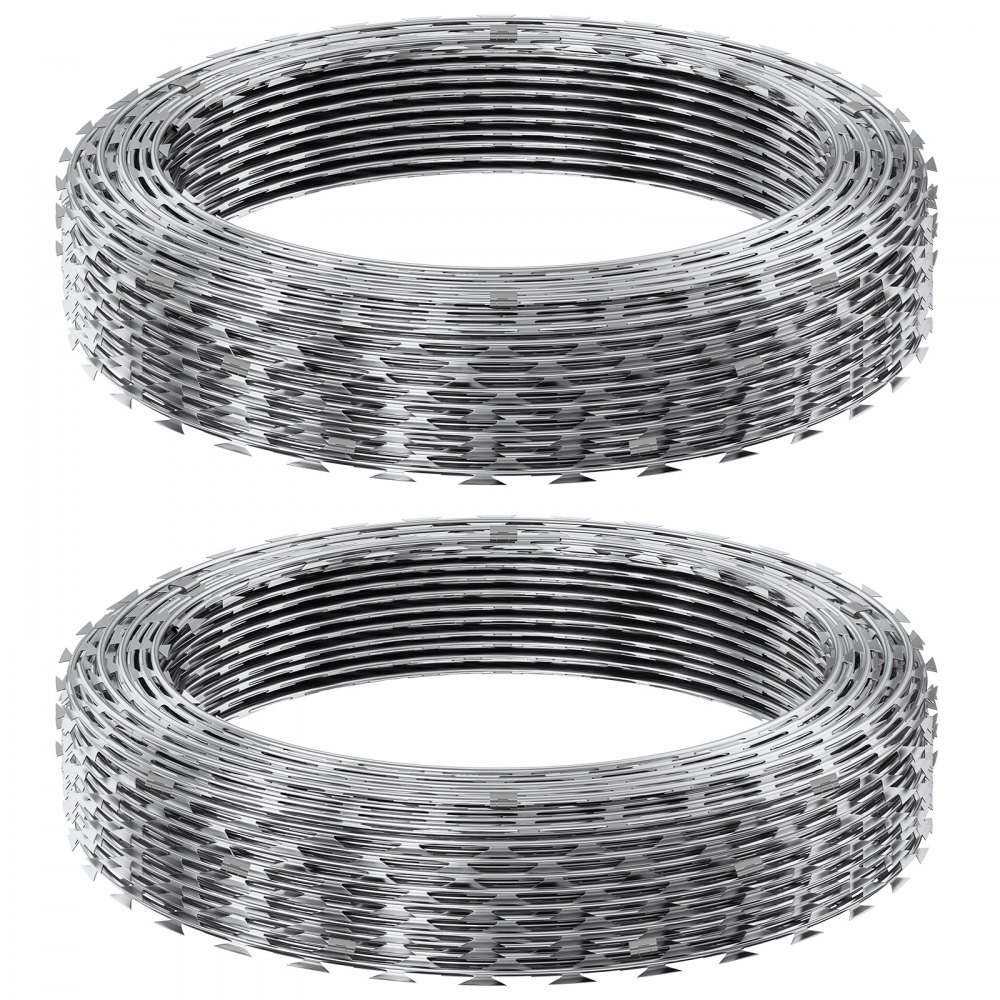VEVOR Razor Wires, 98 ft Razor Barbed Wire, 2 Rolls Razor Wire Fencing Razor Fence, Double Spiral Razor Ribbon Barbed Wire Galvanized Razor Wire Fence, Rolls Razor for Garden