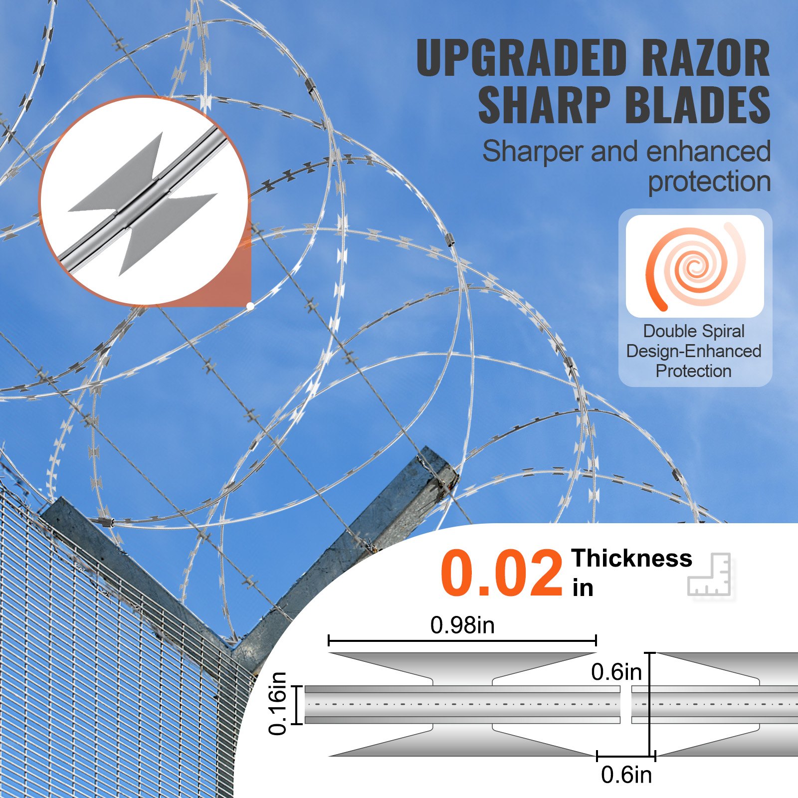 VEVOR Razor Wires, 98 ft Razor Barbed Wire, 2 Rolls Razor Wire Fencing Razor Fence, Double Spiral Razor Ribbon Barbed Wire Galvanized Razor Wire Fence, Rolls Razor for Garden