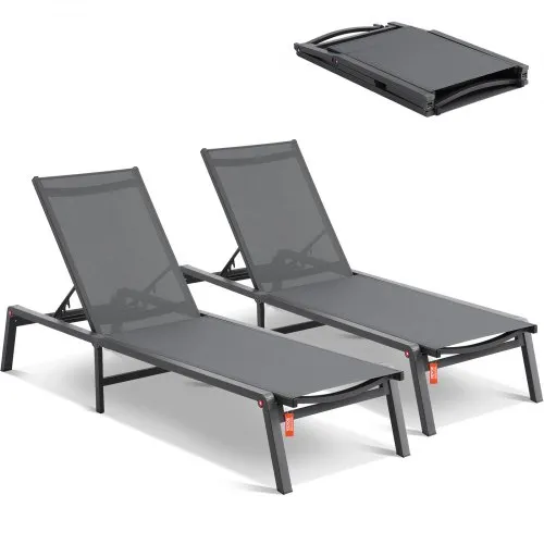 VEVOR Chaise Lounge Chairs Outdoor, Aluminum Patio Lounge Chairs with Adjustable 5-Position, Folding Pool Lounge Chairs Recliner and Full Flat Tanning Chairs for Patio, Beach, Pool, Dark Grey, 2 pcs