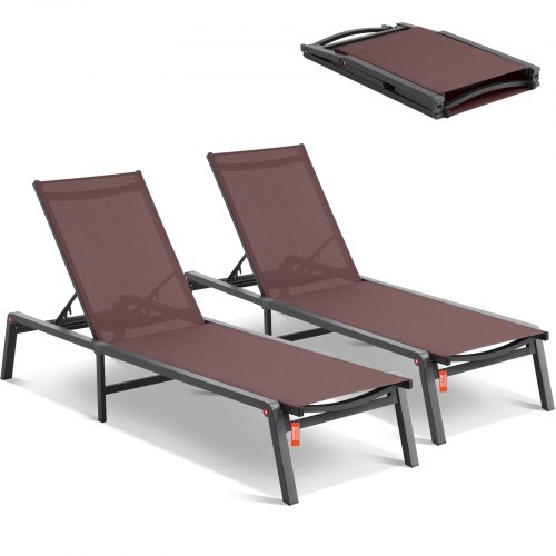 VEVOR Chaise Lounge Chairs Outdoor, Aluminum Patio Lounge Chairs with Adjustable 5-Position, Folding Pool Lounge Chairs Recliner and Full Flat Tanning Chairs for Patio, Beach, Pool, Brown, 2 pcs