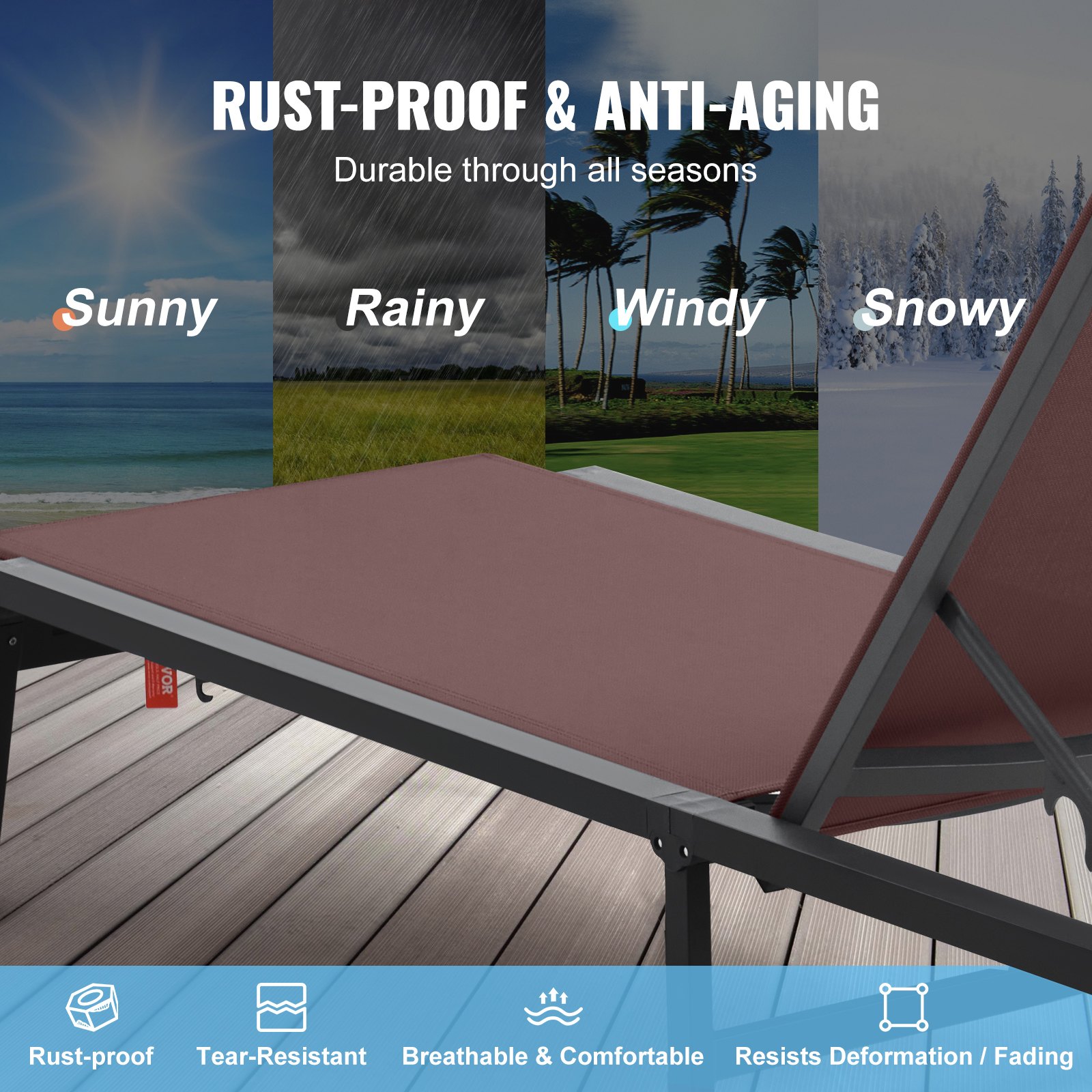 VEVOR Chaise Lounge Chairs Outdoor, Aluminum Patio Lounge Chairs with Adjustable 5-Position, Folding Pool Lounge Chairs Recliner and Full Flat Tanning Chairs for Patio, Beach, Pool, Brown, 2 pcs