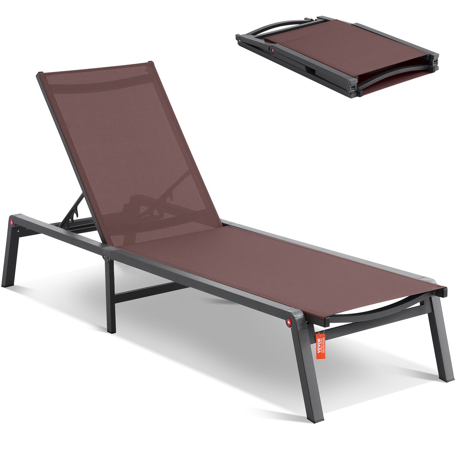 VEVOR Chaise Lounge Chair Outdoor, Aluminum Patio Lounge Chair with Adjustable 5-Position, Folding Pool Lounge Chair Recliner and Full Flat Tanning Chair for Patio, Beach, Pool, Brown
