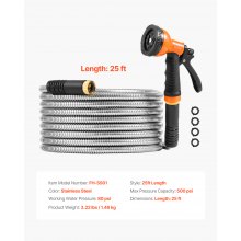 VEVOR Metal Garden Hose 25 ft, Rust Proof Stainless Steel Water Hose, Heavy Duty Backyard Hose with 10 Function Nozzle, No-Kink & Flexible Water Pipe, Lightweight Metal Hose for Yard, Outdoor