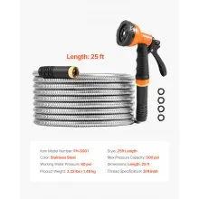 VEVOR Metal Garden Hose 25 ft, Rust Proof Stainless Steel Water Hose, Heavy Duty Backyard Hose with 10 Function Nozzle, No-Kink & Flexible Water Pipe, Lightweight Metal Hose for Yard, Outdoor