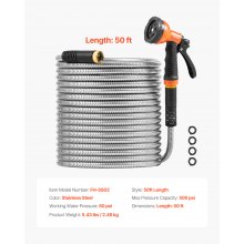 VEVOR 50ft Metal Garden Hose Stainless Steel Water Hose Lightweight No Kink