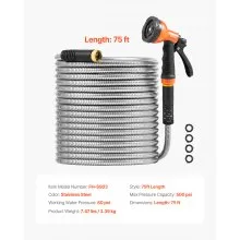 VEVOR Metal Garden Hose 75 ft, Rust Proof Stainless Steel Water Hose, Heavy Duty Backyard Hose with 10 Function Nozzle, No-Kink & Flexible Water Pipe, Lightweight Metal Hose for Yard, Outdoor