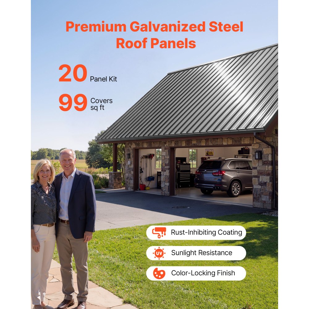 VEVOR Metal Roof Panels, 20Pcs 9.2 sq.m Galvanized Steel Roofing Panels, High Impact Corrugated Tin Gazebo Top with Screws, Gloves, Heavy Duty for Gazebos, Chicken Coop Sheds Stables Patio, Gray