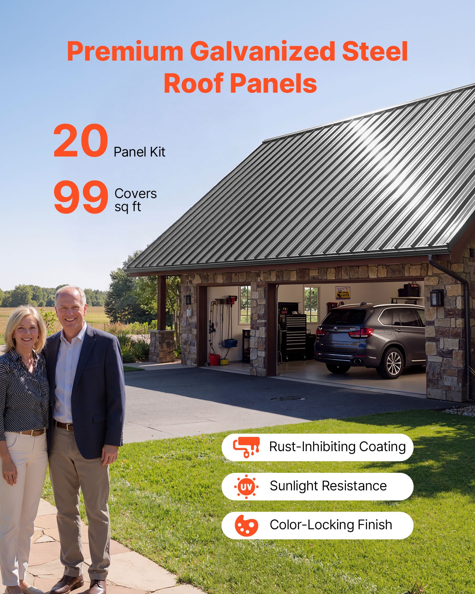 VEVOR Metal Roof Panels, 20Pcs 9.2 sq.m Galvanized Steel Roofing Panels, High Impact Corrugated Tin Gazebo Top with Screws, Gloves, Heavy Duty for Gazebos, Chicken Coop Sheds Stables Patio, Gray