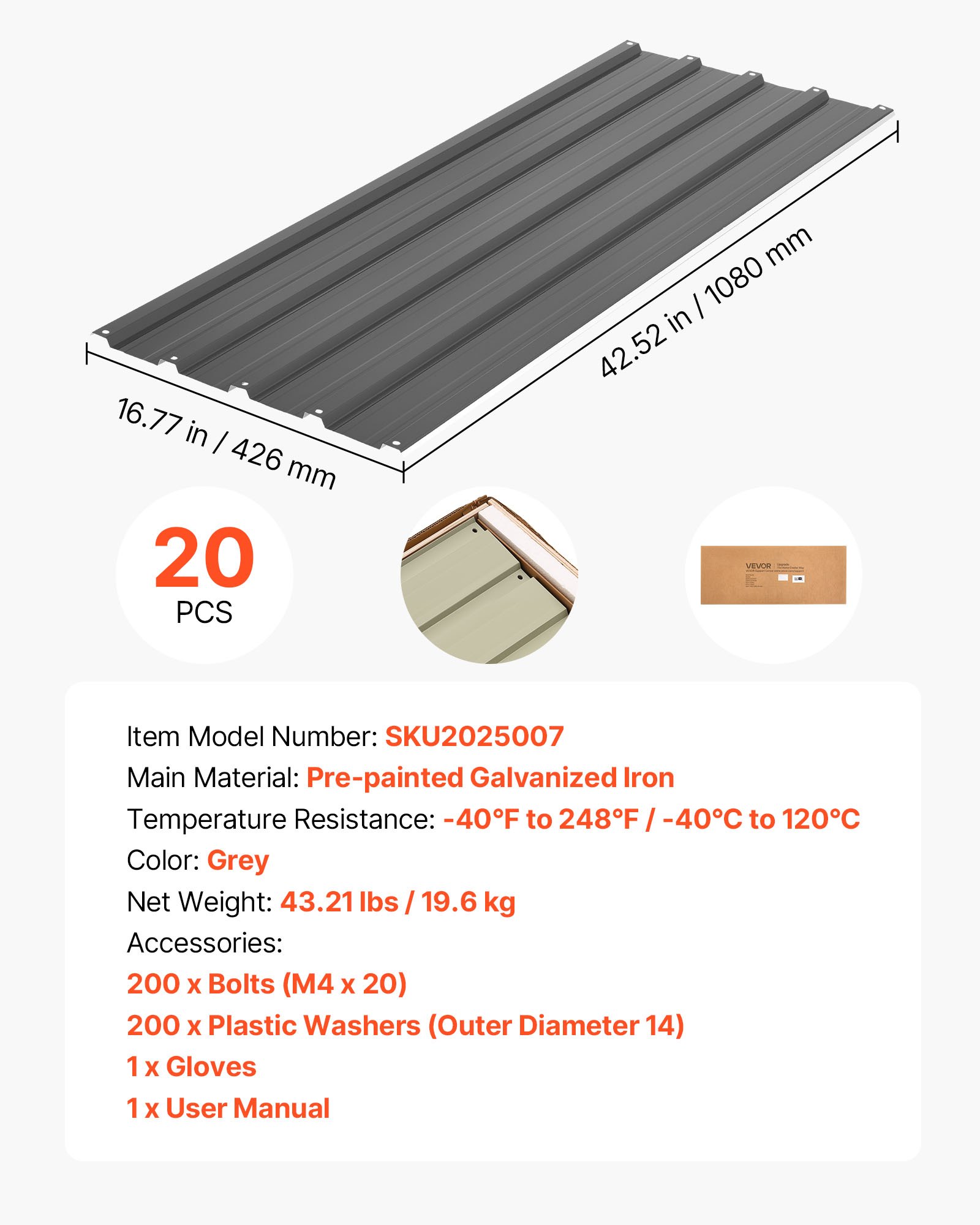 VEVOR Metal Roof Panels, 20Pcs 9.2 sq.m Galvanized Steel Roofing Panels, High Impact Corrugated Tin Gazebo Top with Screws, Gloves, Heavy Duty for Gazebos, Chicken Coop Sheds Stables Patio, Gray