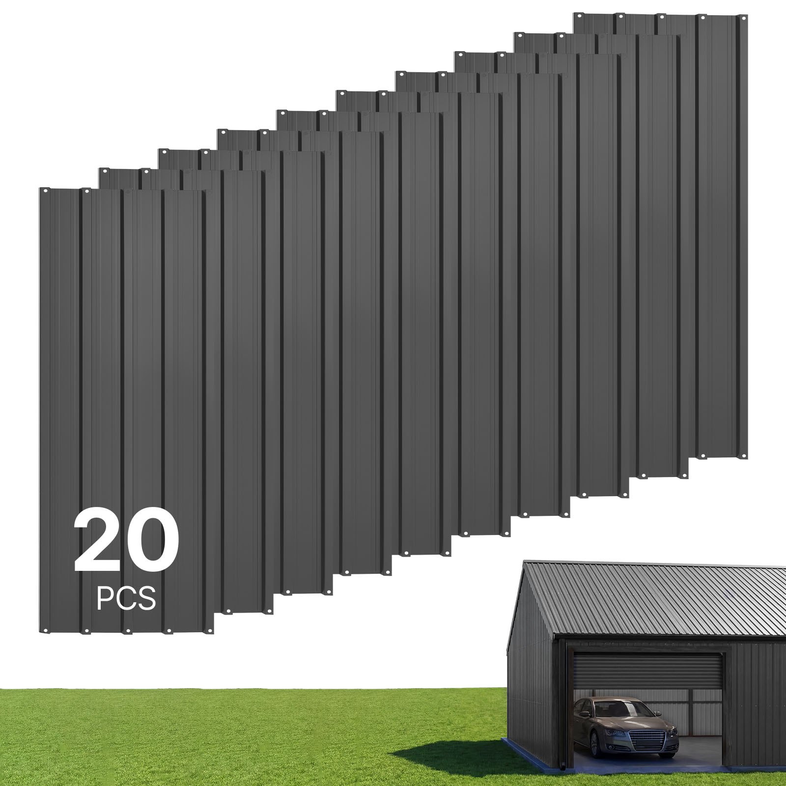 VEVOR Metal Roof Panels, 20Pcs 9.2 sq.m Galvanized Steel Roofing Panels, High Impact Corrugated Tin Gazebo Top with Screws, Gloves, Heavy Duty for Gazebos, Chicken Coop Sheds Stables Patio, Gray
