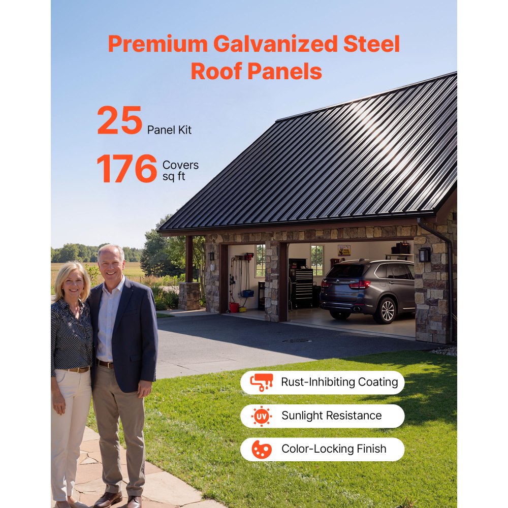 VEVOR Metal Roof Panels, 25Pcs 16.35 sq.m Galvanized Steel Roofing Panels, High Impact Corrugated Tin Gazebo Top with Screws, Gloves, Heavy Duty for Gazebos, Chicken Coop Sheds Stables Patio, Black