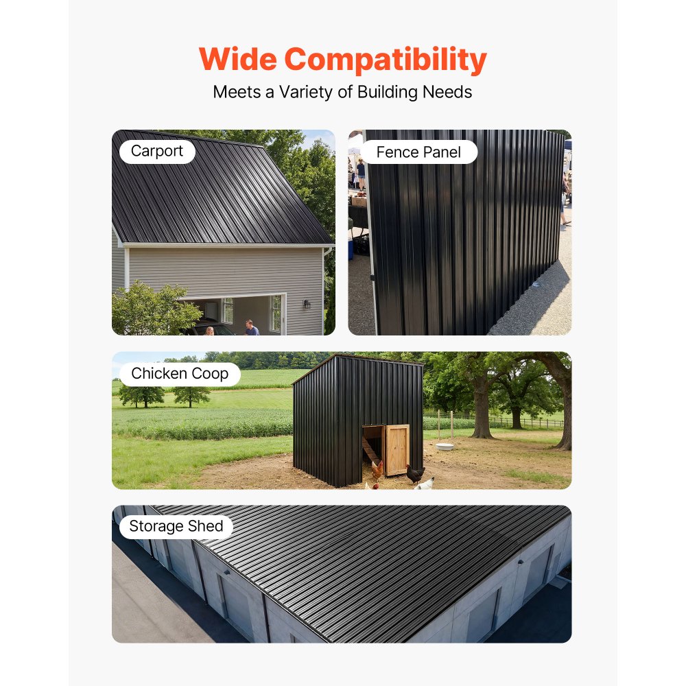 VEVOR Metal Roof Panels, 25Pcs 16.35 sq.m Galvanized Steel Roofing Panels, High Impact Corrugated Tin Gazebo Top with Screws, Gloves, Heavy Duty for Gazebos, Chicken Coop Sheds Stables Patio, Black