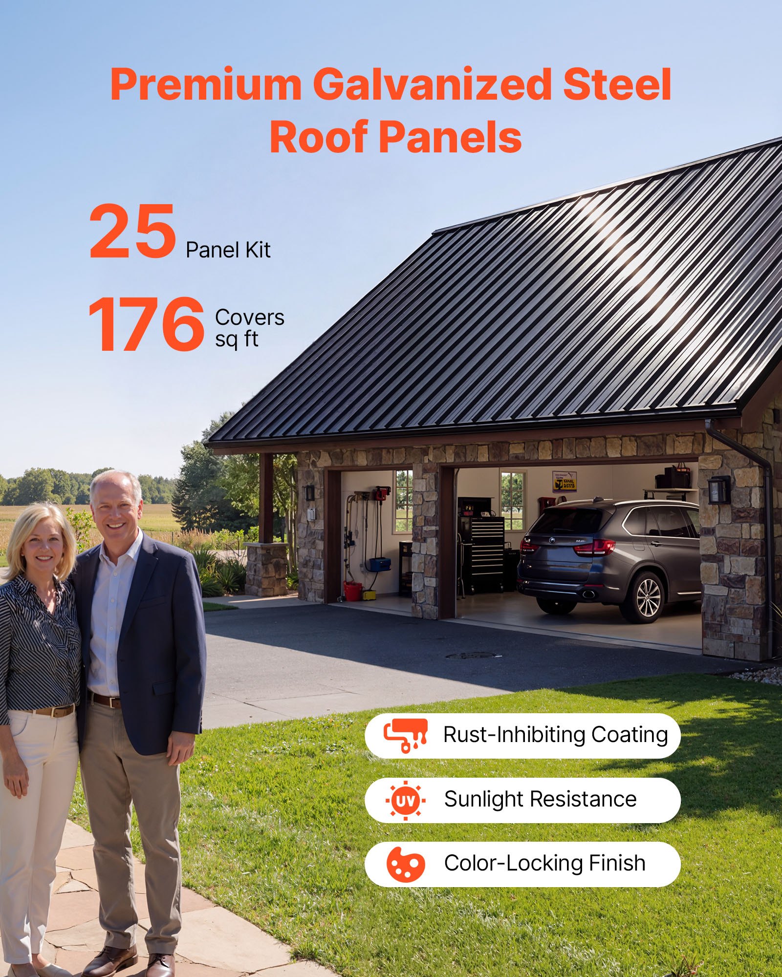 VEVOR Metal Roof Panels, 25Pcs 16.35 sq.m Galvanized Steel Roofing Panels, High Impact Corrugated Tin Gazebo Top with Screws, Gloves, Heavy Duty for Gazebos, Chicken Coop Sheds Stables Patio, Black