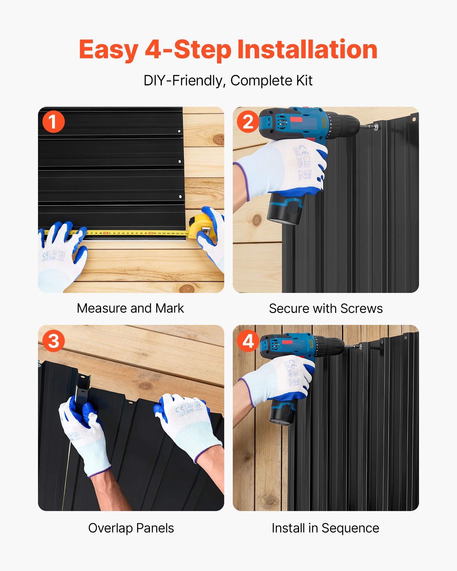 VEVOR Metal Roof Panels, 25Pcs 16.35 sq.m Galvanized Steel Roofing Panels, High Impact Corrugated Tin Gazebo Top with Screws, Gloves, Heavy Duty for Gazebos, Chicken Coop Sheds Stables Patio, Black