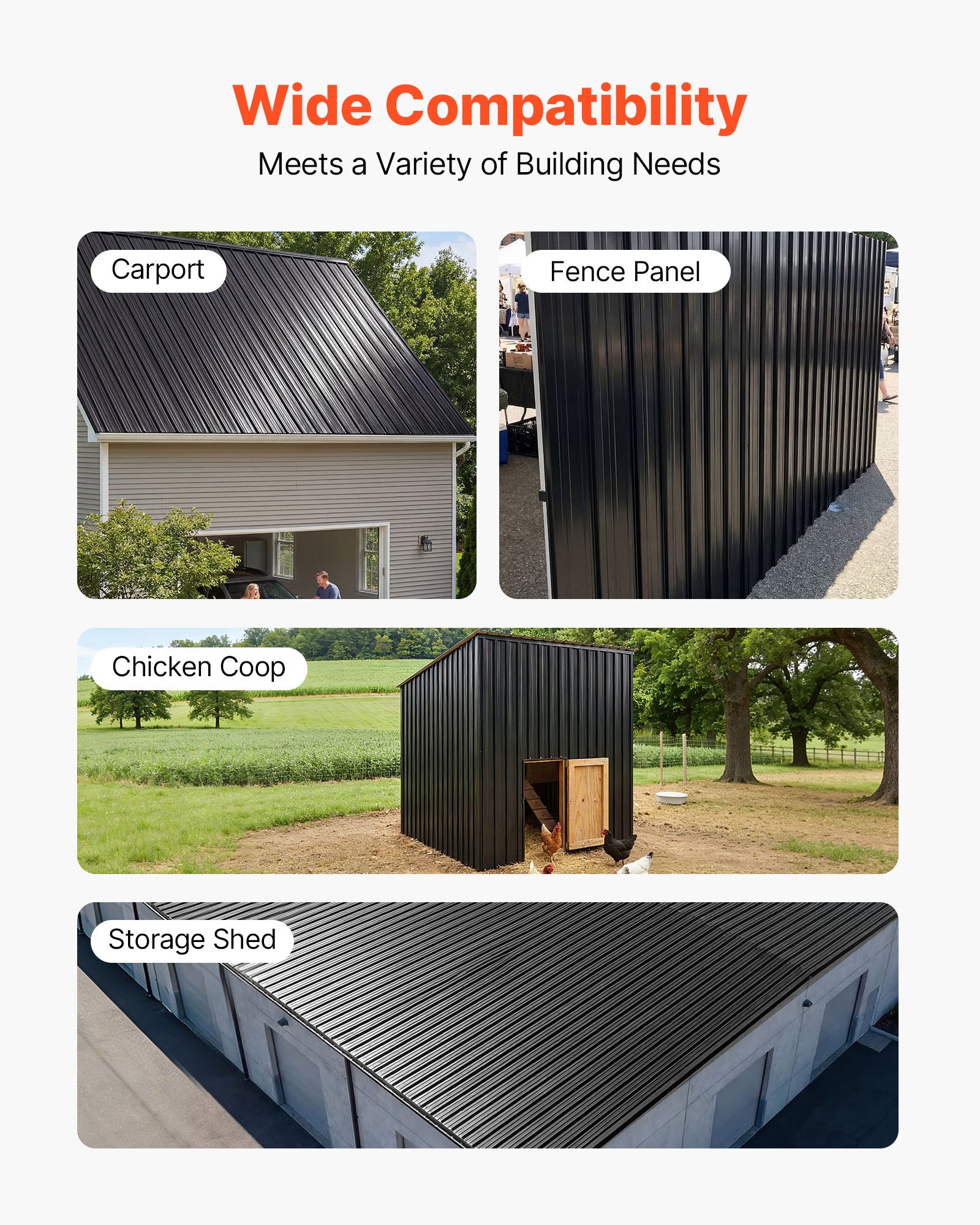 VEVOR Metal Roof Panels, 25Pcs 16.35 sq.m Galvanized Steel Roofing Panels, High Impact Corrugated Tin Gazebo Top with Screws, Gloves, Heavy Duty for Gazebos, Chicken Coop Sheds Stables Patio, Black