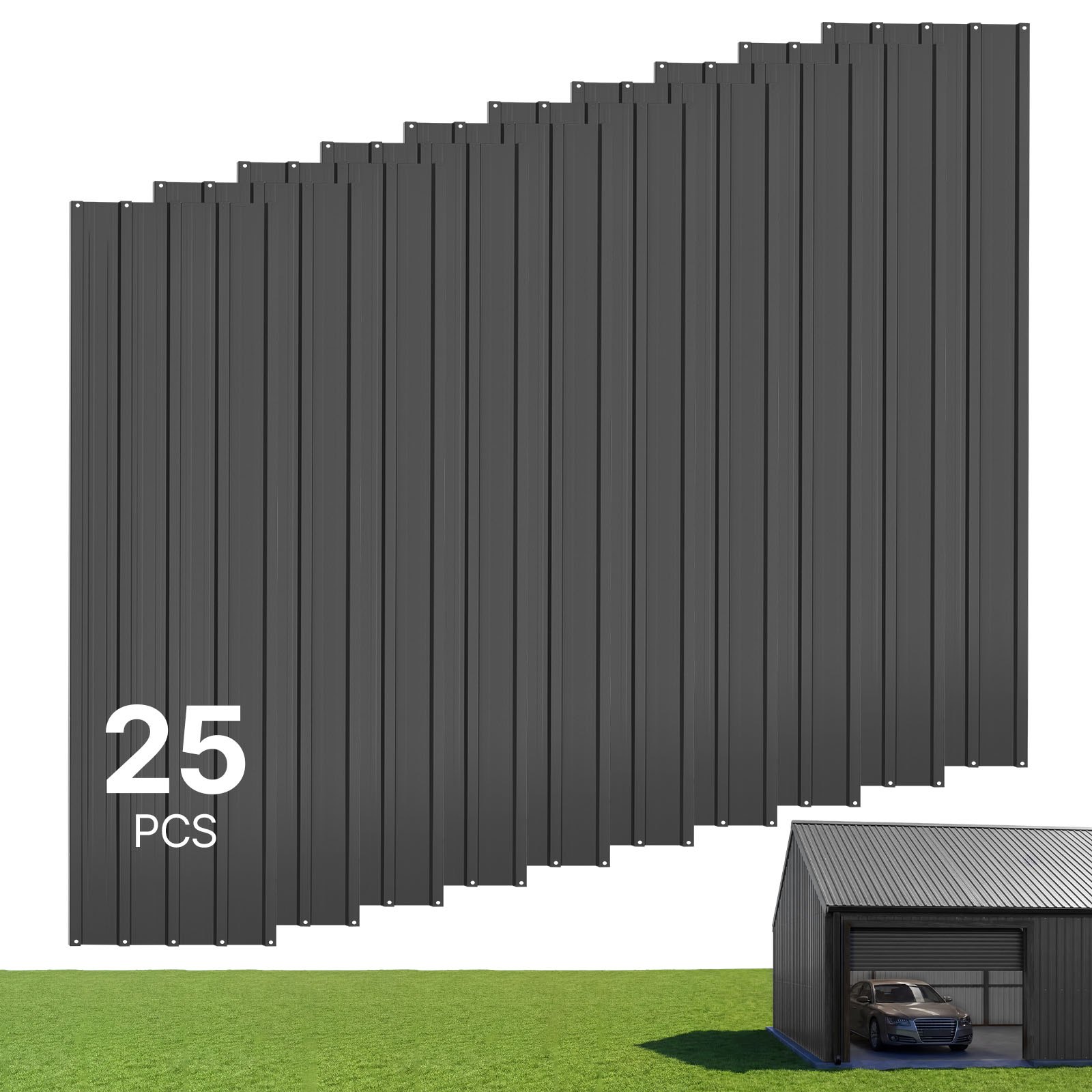 VEVOR Metal Roof Panels, 25Pcs 16.35 sq.m Galvanized Steel Roofing Panels, High Impact Corrugated Tin Gazebo Top with Screws, Gloves, Heavy Duty for Gazebos, Chicken Coop Sheds Stables Patio, Gray
