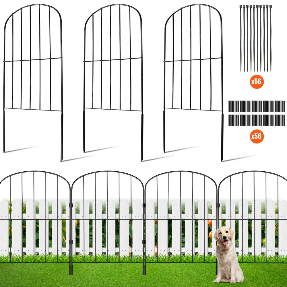 VEVOR garden fence panels with installation accessories and a dog sitting on green grass.