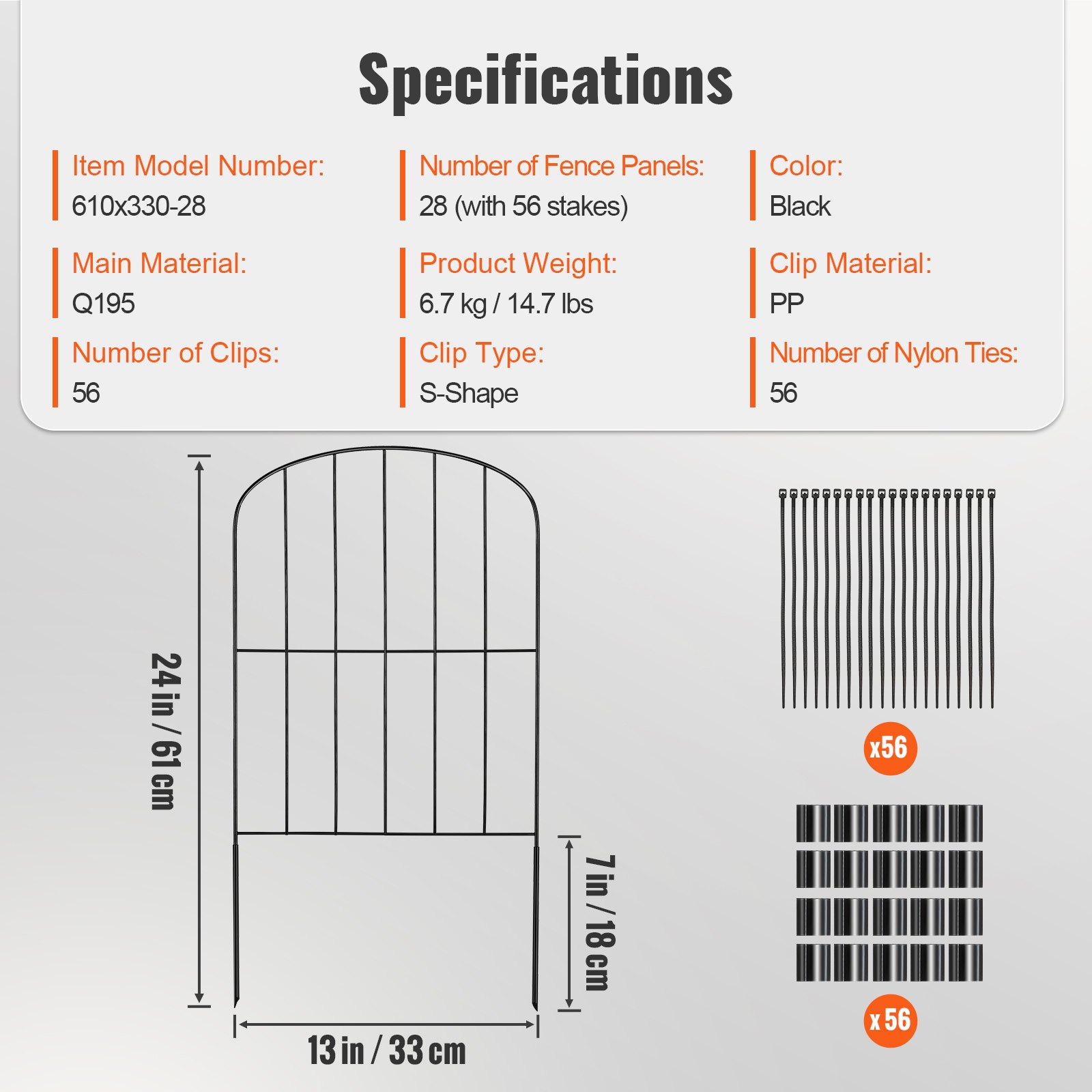 VEVOR Garden Fence, No Dig Fence 61 cm (H)x 33 cm(L) Animal Barrier Fence, Underground Decorative Garden Fencing with 5.1 cm Spike Spacing, Metal Dog Fence for the Yard and Outdoor Patio, 28 Pack