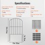 specifications for VEVOR garden fence: 24x13 inches, 10 panels, 2.45kg, black, q195, 20 nylon ties, 20 clips.