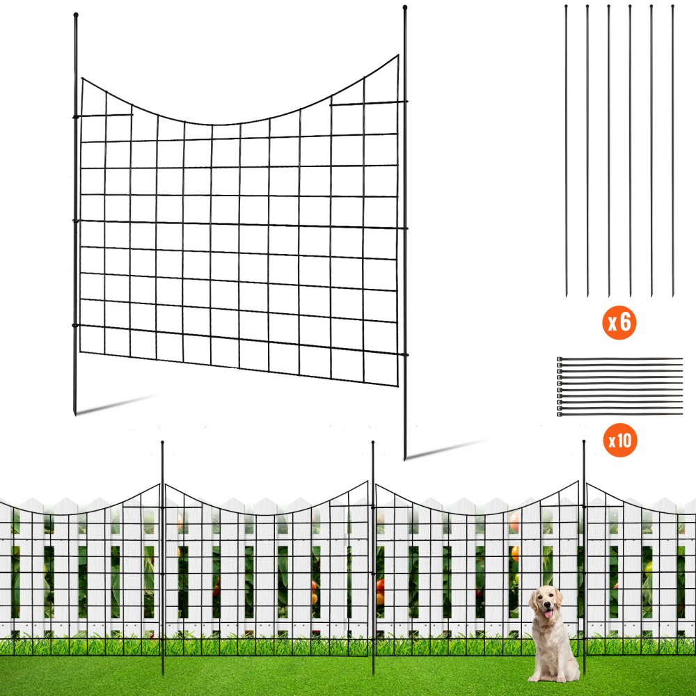 VEVOR garden fence set with metallic grid panels, stakes, and ties, featuring a pet dog on green grass.