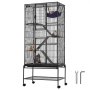 VEVOR ferret cage with multiple levels, ramps, a hammock, and included assembly tools on wheels.