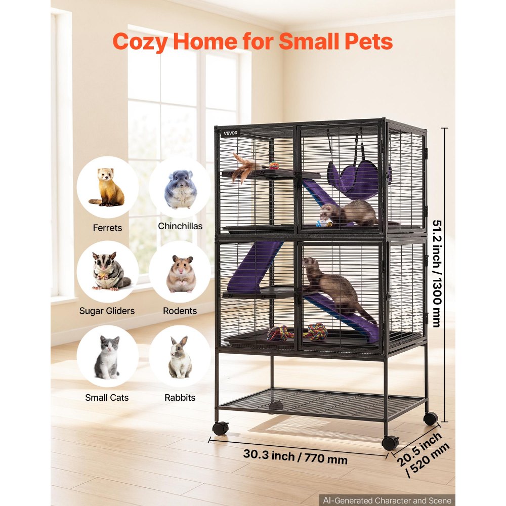 VEVOR Metal Small Animal Cage 130 cm 4-Tier Rolling Ferret Cage On Wheels, 13.97 mm Wire Spacing Large Cages with Hammock, Ramps, Tray & Doors for Ferret, Chinchilla, Sugar Glider, Guinea Pig, Rabbit