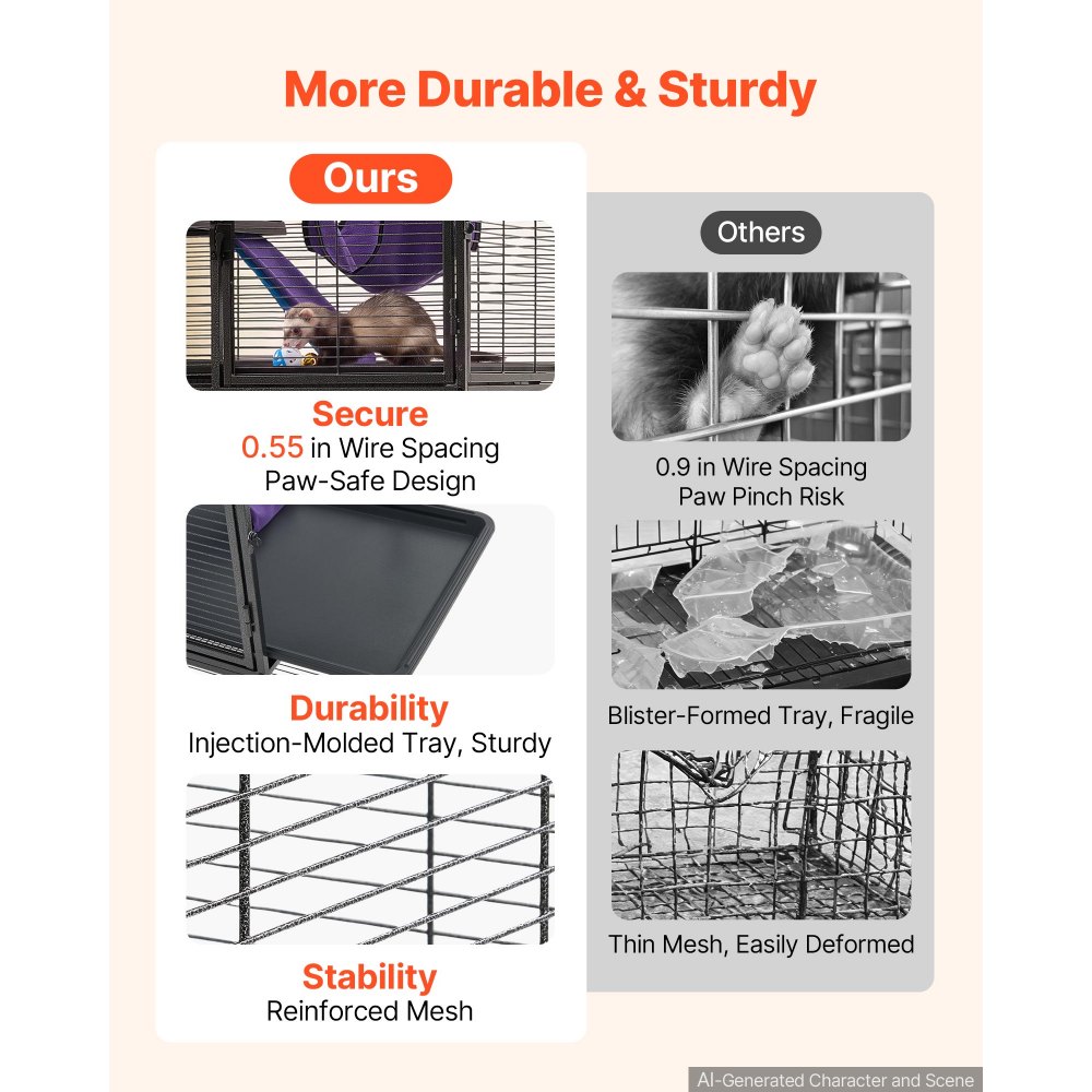 VEVOR Metal Small Animal Cage 130 cm 4-Tier Rolling Ferret Cage On Wheels, 13.97 mm Wire Spacing Large Cages with Hammock, Ramps, Tray & Doors for Ferret, Chinchilla, Sugar Glider, Guinea Pig, Rabbit