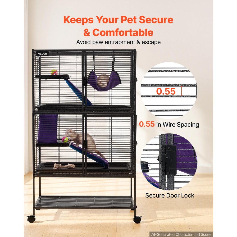VEVOR Metal Small Animal Cage 130 cm 4-Tier Rolling Ferret Cage On Wheels, 13.97 mm Wire Spacing Large Cages with Hammock, Ramps, Tray & Doors for Ferret, Chinchilla, Sugar Glider, Guinea Pig, Rabbit