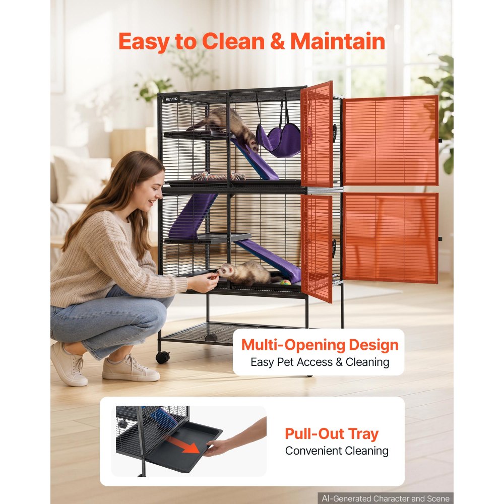 VEVOR Metal Small Animal Cage 130 cm 4-Tier Rolling Ferret Cage On Wheels, 13.97 mm Wire Spacing Large Cages with Hammock, Ramps, Tray & Doors for Ferret, Chinchilla, Sugar Glider, Guinea Pig, Rabbit