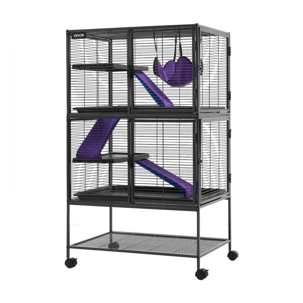 VEVOR Metal Small Animal Cage 130 cm 4-Tier Rolling Ferret Cage On Wheels, 13.97 mm Wire Spacing Large Cages with Hammock, Ramps, Tray & Doors for Ferret, Chinchilla, Sugar Glider, Guinea Pig, Rabbit