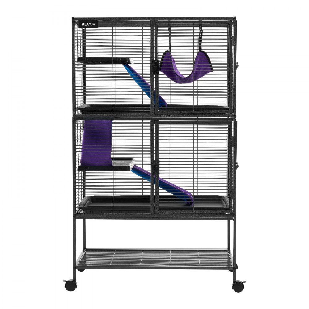 VEVOR Metal Small Animal Cage 130 cm 4-Tier Rolling Ferret Cage On Wheels, 13.97 mm Wire Spacing Large Cages with Hammock, Ramps, Tray & Doors for Ferret, Chinchilla, Sugar Glider, Guinea Pig, Rabbit