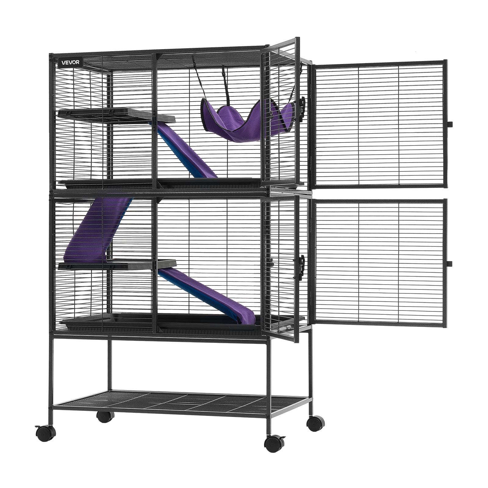 VEVOR Metal Small Animal Cage 130 cm 4-Tier Rolling Ferret Cage On Wheels, 13.97 mm Wire Spacing Large Cages with Hammock, Ramps, Tray & Doors for Ferret, Chinchilla, Sugar Glider, Guinea Pig, Rabbit