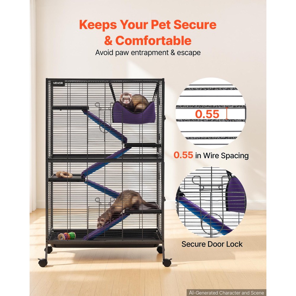 VEVOR Metal Small Animal Cage 127 cm 5-Tier Rolling Ferret Cage On Wheels, 13.97 mm Wire Spacing Large Cages with Hammock, Ramps, Tray & Doors for Ferret, Chinchilla, Sugar Glider, Guinea Pig, Rabbit