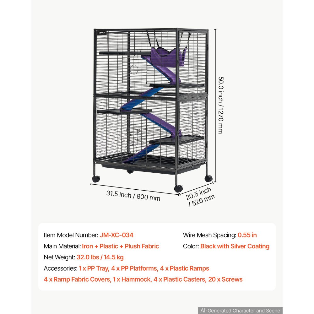 VEVOR Metal Small Animal Cage 127 cm 5-Tier Rolling Ferret Cage On Wheels, 13.97 mm Wire Spacing Large Cages with Hammock, Ramps, Tray & Doors for Ferret, Chinchilla, Sugar Glider, Guinea Pig, Rabbit