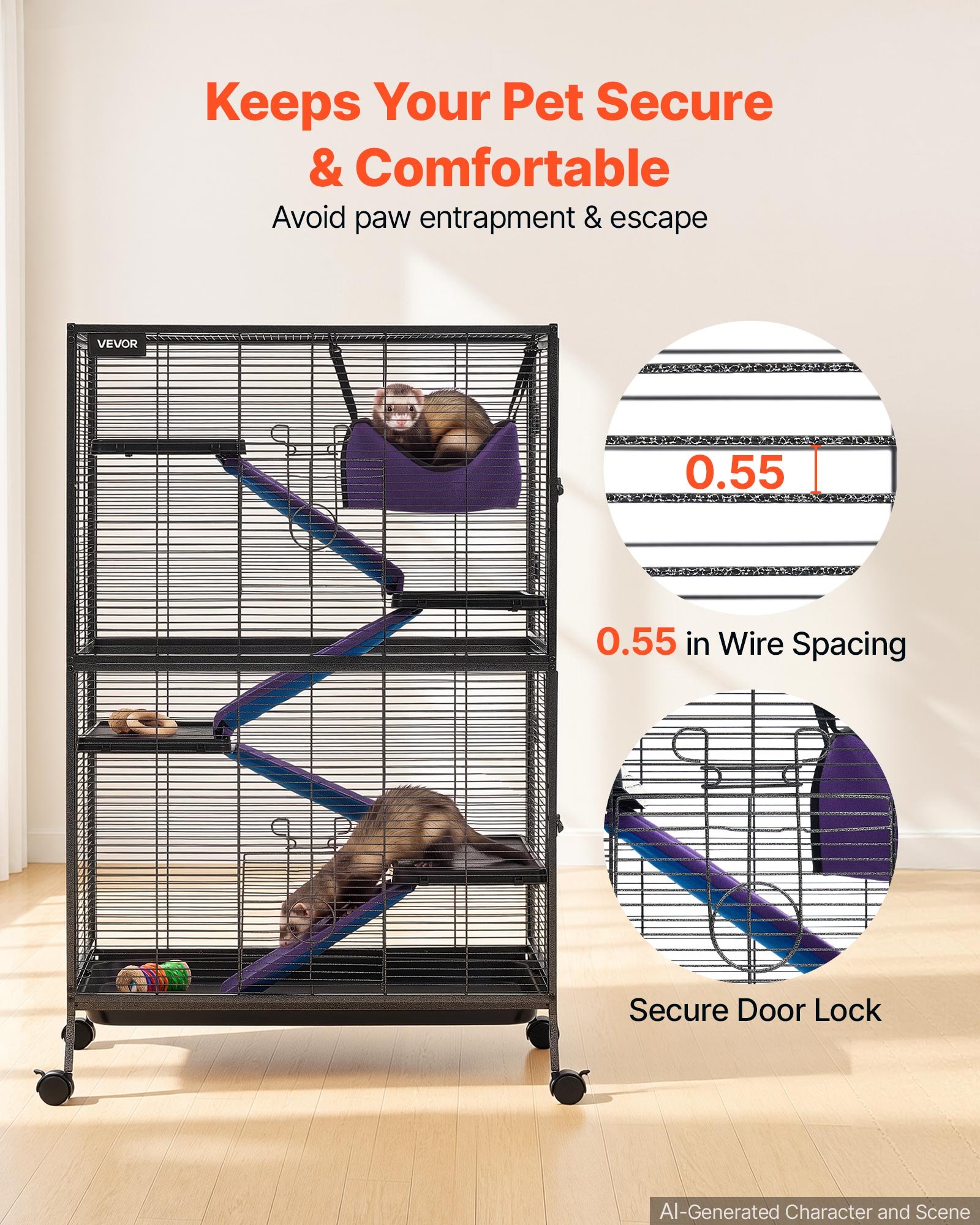 VEVOR Metal Small Animal Cage 127 cm 5-Tier Rolling Ferret Cage On Wheels, 13.97 mm Wire Spacing Large Cages with Hammock, Ramps, Tray & Doors for Ferret, Chinchilla, Sugar Glider, Guinea Pig, Rabbit