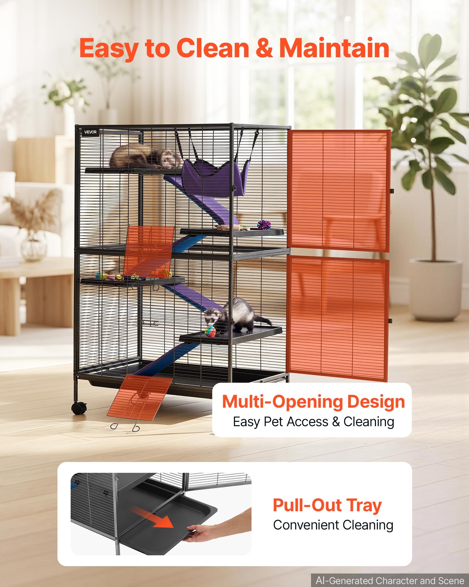 VEVOR Metal Small Animal Cage 127 cm 5-Tier Rolling Ferret Cage On Wheels, 13.97 mm Wire Spacing Large Cages with Hammock, Ramps, Tray & Doors for Ferret, Chinchilla, Sugar Glider, Guinea Pig, Rabbit