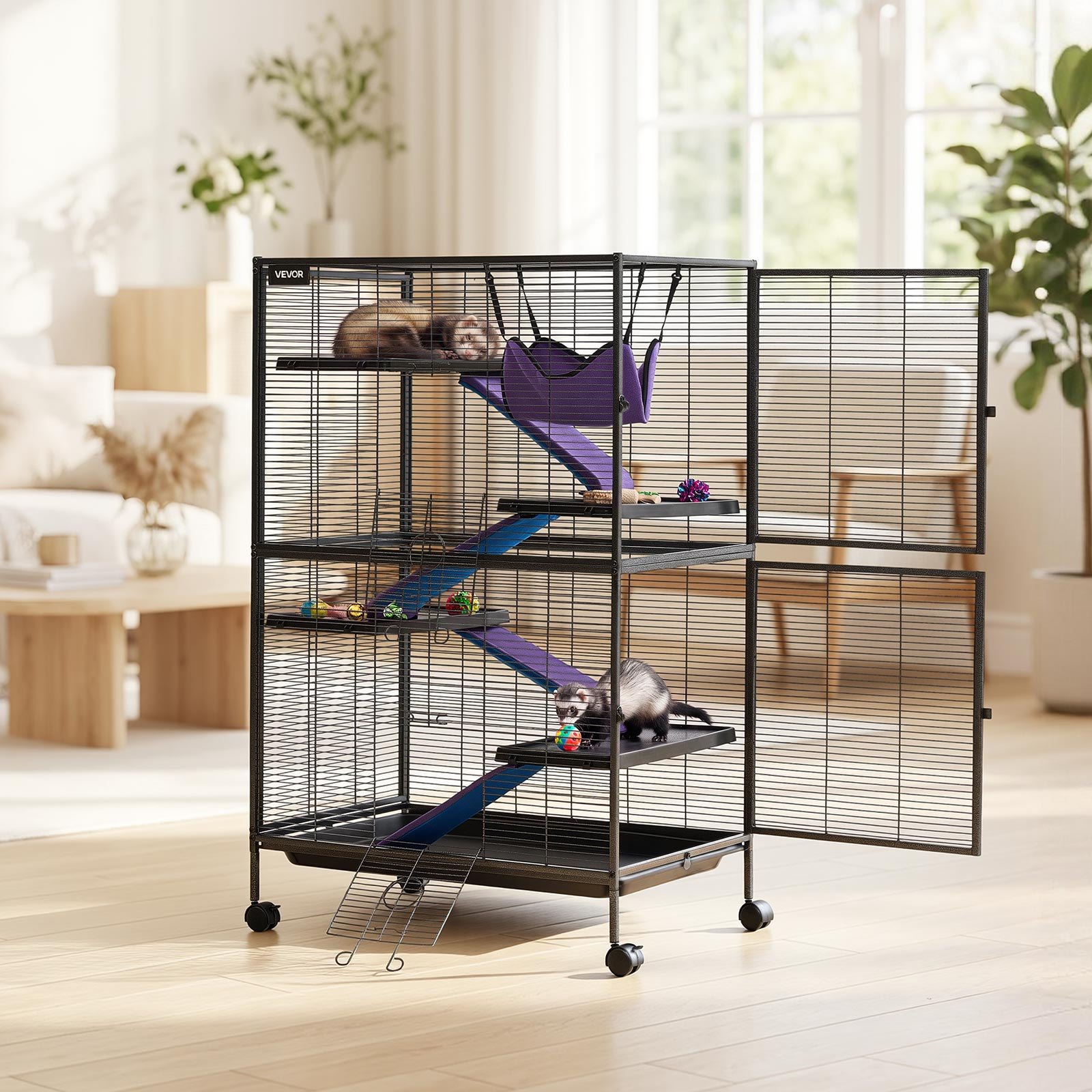 VEVOR Metal Small Animal Cage 127 cm 5-Tier Rolling Ferret Cage On Wheels, 13.97 mm Wire Spacing Large Cages with Hammock, Ramps, Tray & Doors for Ferret, Chinchilla, Sugar Glider, Guinea Pig, Rabbit
