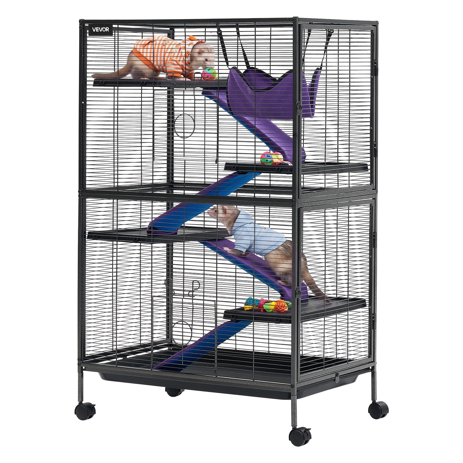 VEVOR Metal Small Animal Cage 127 cm 5-Tier Rolling Ferret Cage On Wheels, 13.97 mm Wire Spacing Large Cages with Hammock, Ramps, Tray & Doors for Ferret, Chinchilla, Sugar Glider, Guinea Pig, Rabbit
