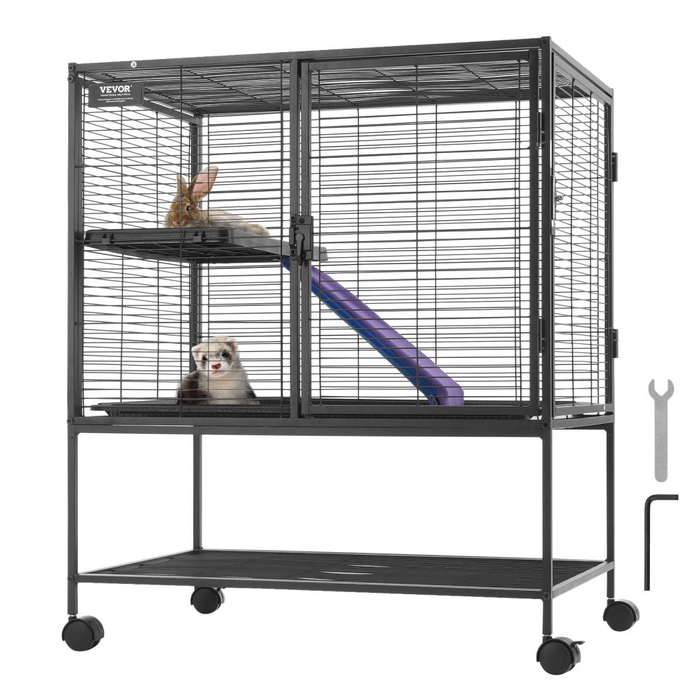 VEVOR ferret cage with shelves, purple ramp, and a bunny and ferret inside.