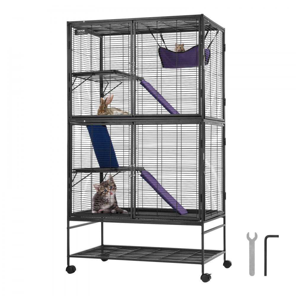 black VEVOR ferret cage, four levels, ramps, purple hammock, accessories included.