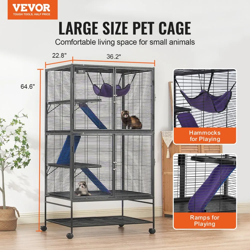 VEVOR 164.1 cm Metal Small Animal Cage 4-Tier Rolling Ferret Cage with Tray 3 Ramps