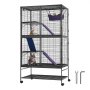 cage à furet VEVOR noire, quatre niveaux, rampes, hamac violet, accessoires inclus.