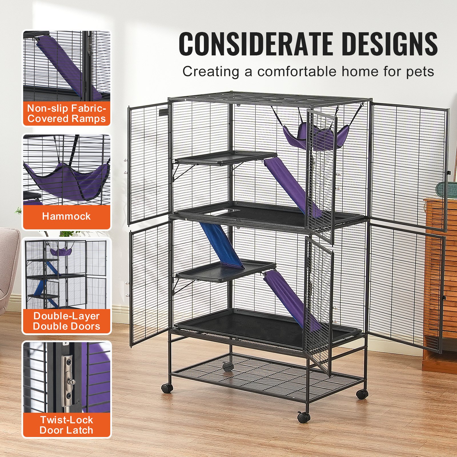 VEVOR 164.1 cm Metal Small Animal Cage 4-Tier Rolling Ferret Cage with Tray 3 Ramps