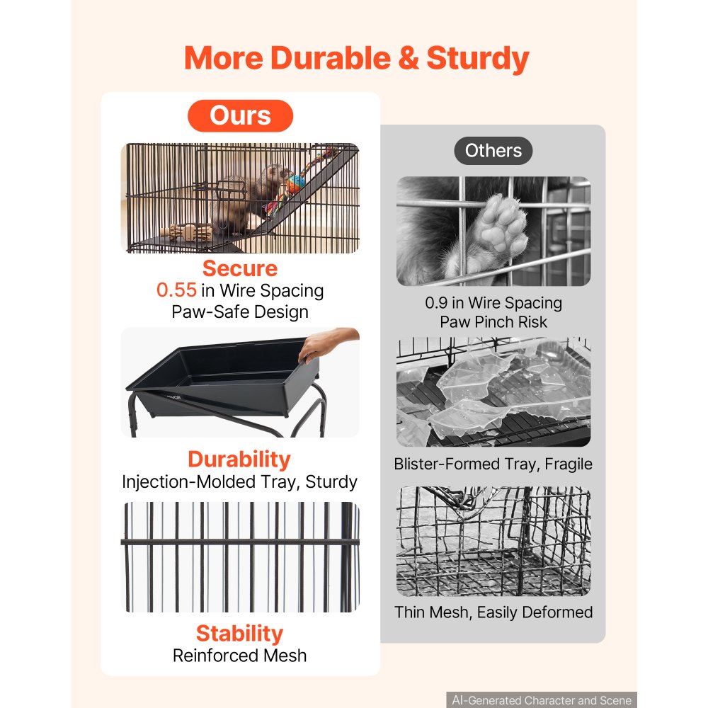 VEVOR Metal Small Animal Cage 101 cm 3-Tier Rolling Ferret Cage On Wheels, 13.97 mm Wire Spacing Large Cages with Hammock, Ramps, Tray & Doors for Ferret, Chinchilla, Sugar Glider, Guinea Pig, Rabbit