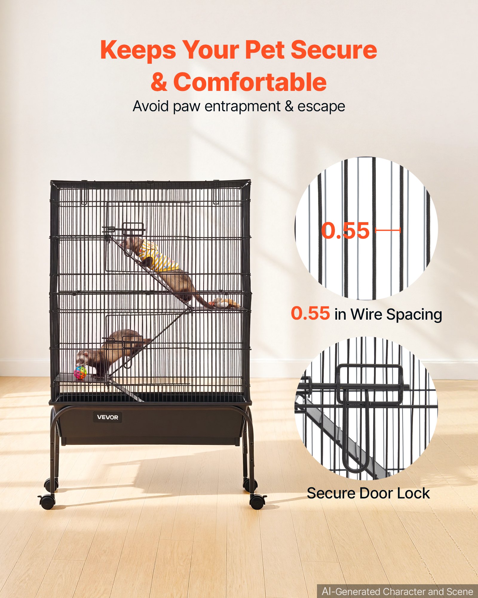 VEVOR Metal Small Animal Cage 101 cm 3-Tier Rolling Ferret Cage On Wheels, 13.97 mm Wire Spacing Large Cages with Hammock, Ramps, Tray & Doors for Ferret, Chinchilla, Sugar Glider, Guinea Pig, Rabbit