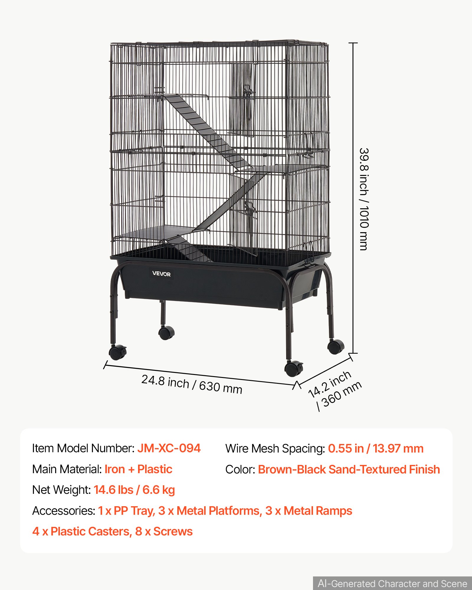 VEVOR Metal Small Animal Cage 101 cm 3-Tier Rolling Ferret Cage On Wheels, 13.97 mm Wire Spacing Large Cages with Hammock, Ramps, Tray & Doors for Ferret, Chinchilla, Sugar Glider, Guinea Pig, Rabbit