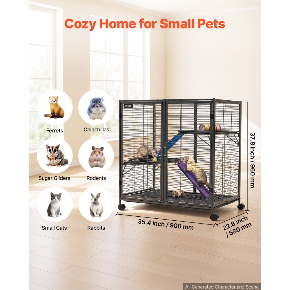 VEVOR Metal Small Animal Cage 96 cm 3-Tier Rolling Ferret Cage On Wheels, 13.97 mm Wire Spacing Large Cages with Ramps, Platform, Tray & Doors for Ferret, Chinchilla, Sugar Glider, Guinea Pig, Rabbit