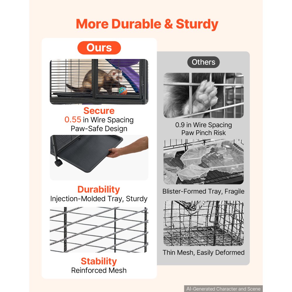 VEVOR Metal Small Animal Cage 96 cm 3-Tier Rolling Ferret Cage On Wheels, 13.97 mm Wire Spacing Large Cages with Ramps, Platform, Tray & Doors for Ferret, Chinchilla, Sugar Glider, Guinea Pig, Rabbit